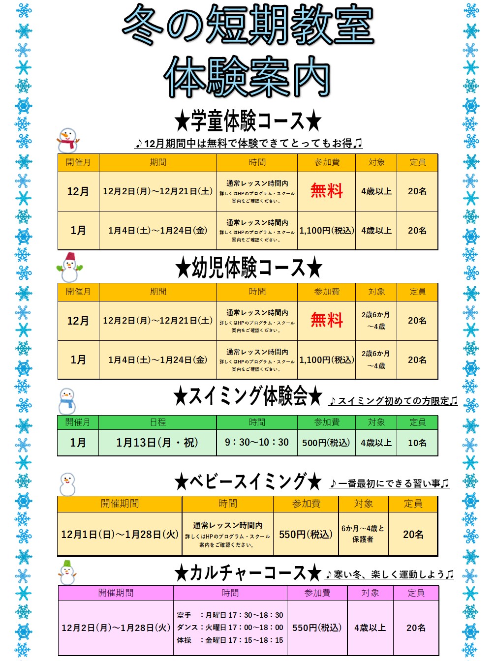 冬の短期水泳教室開催！