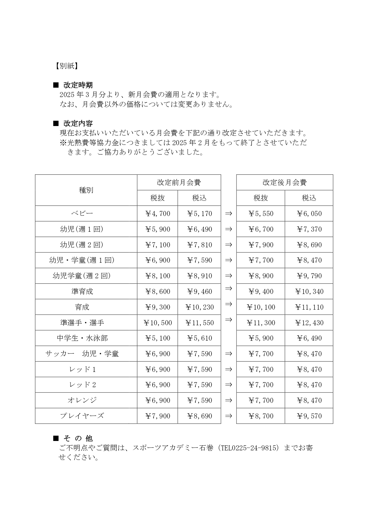 月会費改定のお知らせ