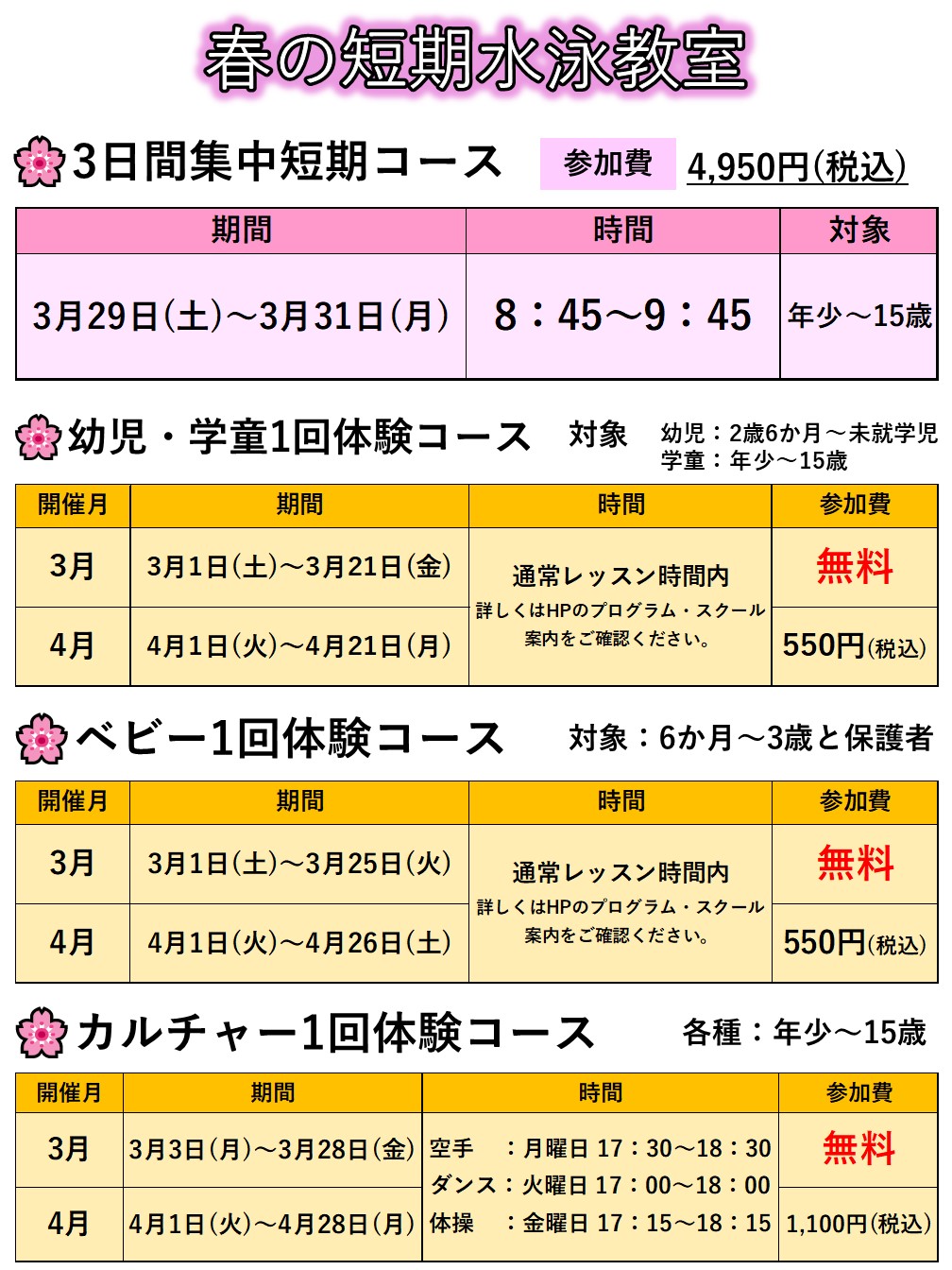 春の短期水泳教室　申込受付中！