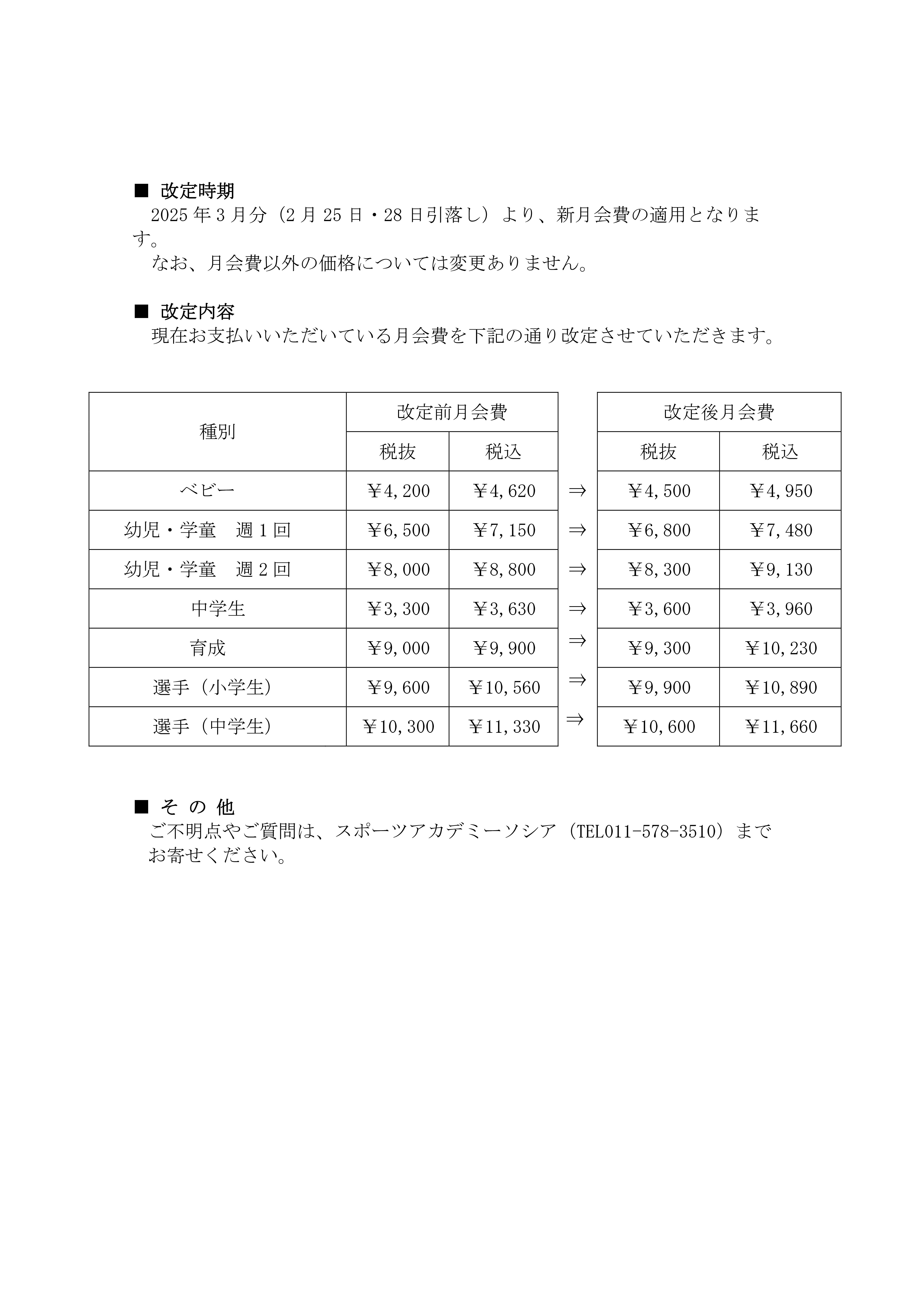 【重要】月会費改定のお知らせ