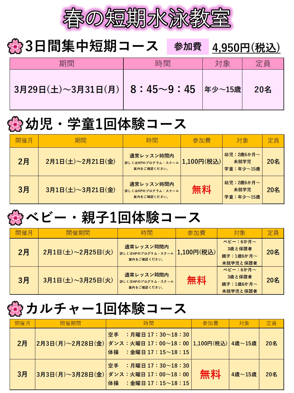 春の短期水泳教室　申込受付中！